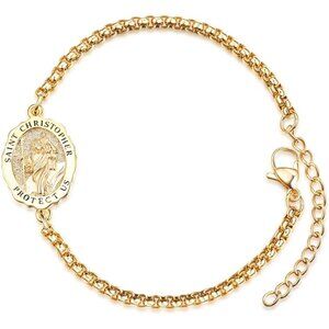 925 Sterling Silver St Christopher Bracelet Gold Plated Adjustable Box Chain
